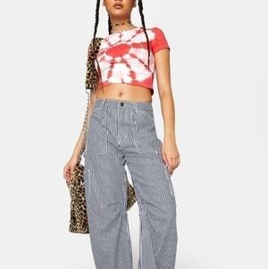 Lioness High Waisted Raw‎ Hem Pinstripe Wide Leg Jeans Size Small